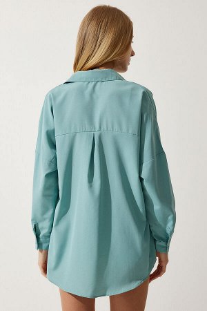 Женская длинная базовая рубашка цвета морской волны оверсайз DD00842