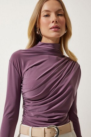 Женская сиреневая блузка песочного цвета со сборками и высоким воротником FF00135