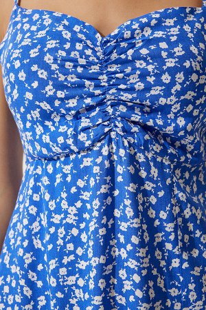 happinessistanbul Женское синее платье из вискозы с узором на бретелях UB00236