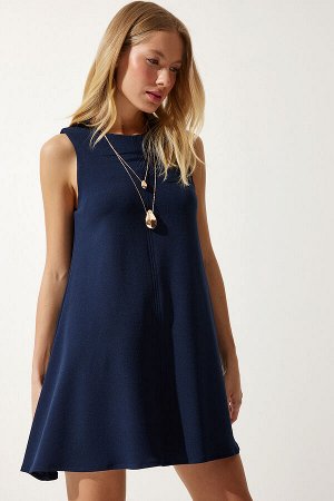 Женское летнее тканое платье-колокольчик темно-синего цвета с круглым вырезом RV00160