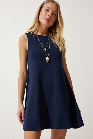 Женское летнее тканое платье-колокольчик темно-синего цвета с круглым вырезом RV00160