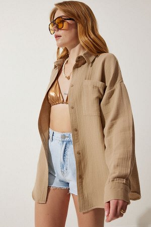 Женская муслиновая рубашка оверсайз с карманами бежевого цвета MX00150