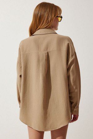 Женская муслиновая рубашка оверсайз с карманами бежевого цвета MX00150