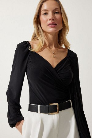 Женская черная эластичная трикотажная блузка песочного цвета с объемными рукавами FF00154
