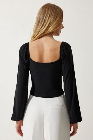 Женская черная эластичная трикотажная блузка песочного цвета с объемными рукавами FF00154