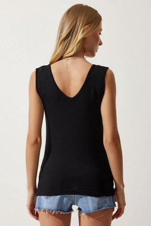 Женская черная вискозная блузка с глубоким вырезом спереди и сзади EN00578