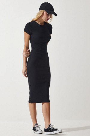 Женское черное трикотажное платье Saran в рубчик с круглым вырезом UB00241