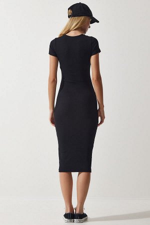 Женское черное трикотажное платье Saran в рубчик с круглым вырезом UB00241