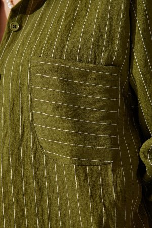 Женская вискозная рубашка цвета хаки в полоску с карманами DE00030