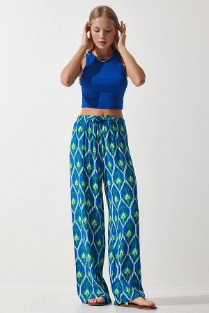 Женские сине-зеленые свободные брюки-палаццо из вискозы с рисунком EN00606