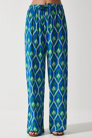 Женские сине-зеленые свободные брюки-палаццо из вискозы с рисунком EN00606