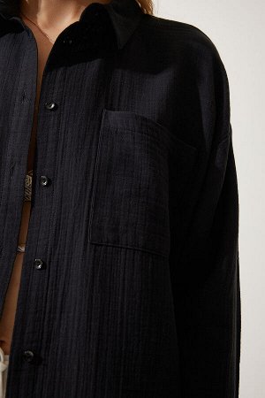 Женская черная муслиновая рубашка оверсайз с карманами MX00150