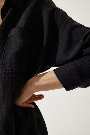 Женская черная муслиновая рубашка оверсайз с карманами MX00150