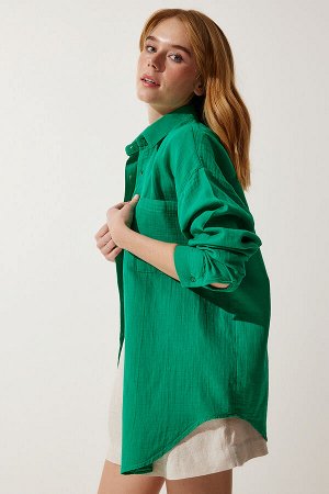 Женская зеленая муслиновая рубашка оверсайз с карманами MX00150