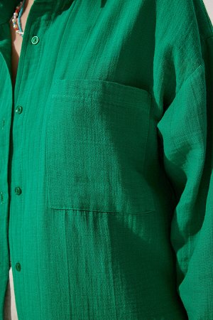 Женская зеленая муслиновая рубашка оверсайз с карманами MX00150