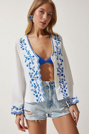 Женская белая льняная блузка с v-образным вырезом и вышивкой TP00029