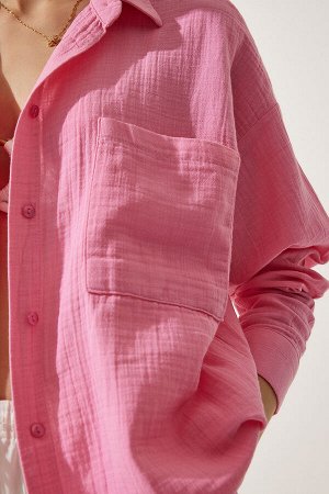 Женская светло-розовая муслиновая рубашка оверсайз с карманами MX00150
