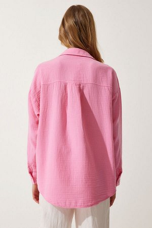 Женская светло-розовая муслиновая рубашка оверсайз с карманами MX00150