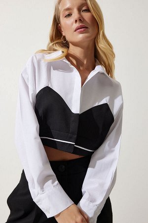 Женская укороченная рубашка из поплина белого цвета с блоками SF00018