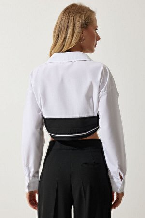 Женская укороченная рубашка из поплина белого цвета с блоками SF00018