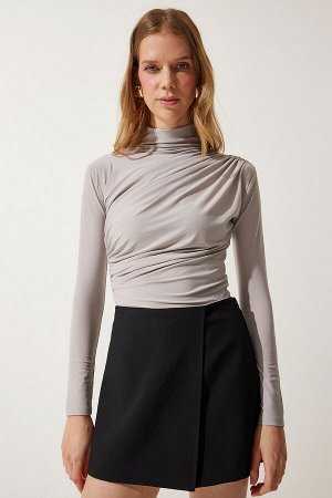 Женская блузка песочного цвета с высоким воротником и отделкой Stone Gather FF00135