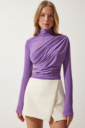 Женская сиреневая блузка песочного цвета со сборками и высоким воротником FF00135