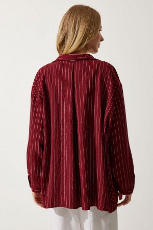 Женская рубашка из вискозы в полоску бордового цвета с карманами DE00030