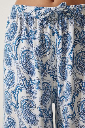 Женские белые голубые брюки-палаццо из необработанного льна с рисунком BH00397