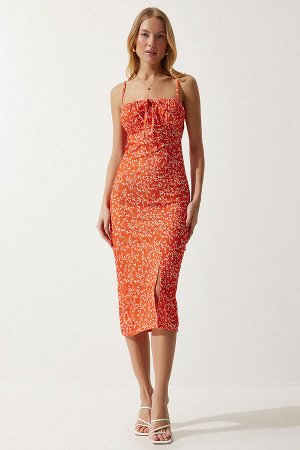 Женское ярко-оранжевое летнее вязаное платье с разрезом и цветочным принтом CI00029