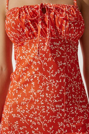 Женское ярко-оранжевое летнее вязаное платье с разрезом и цветочным принтом CI00029