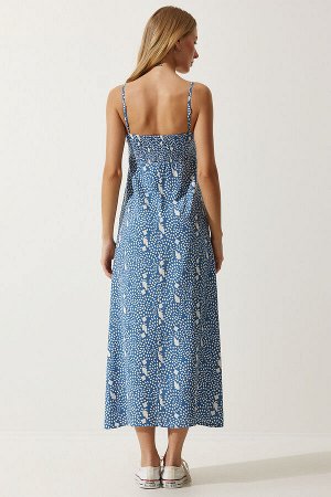 Женское вискозное платье цвета индиго синего цвета с узором на бретелях UB00236