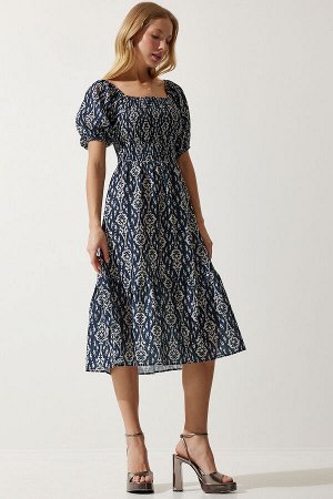 Женское летнее тканое платье темно-синего кремового цвета с узором MX00153