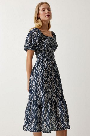 Женское летнее тканое платье темно-синего кремового цвета с узором MX00153
