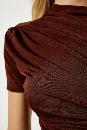 Женская коричневая блузка из вискозы со сборками FF00156
