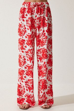 Женские летние свободные брюки из вискозы цвета экрю-красного цвета с высокой талией BH00354