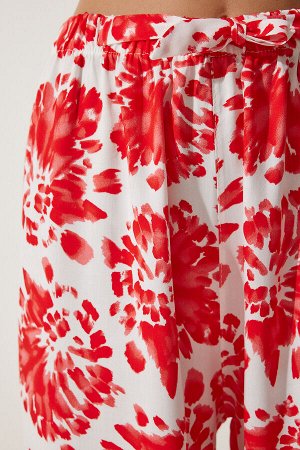 Женские летние свободные брюки из вискозы цвета экрю-красного цвета с высокой талией BH00354