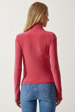 Женская блузка песочного цвета с высоким воротником ярко-розового цвета и рюшами FF00135