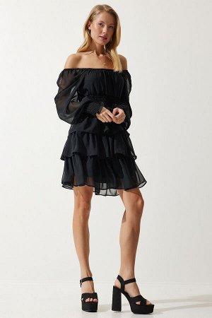 happinessistanbul Женское черное шифоновое платье с воланами DK00168