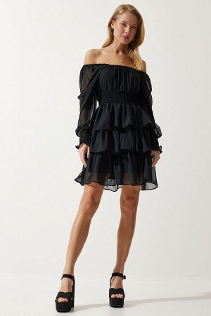 happinessistanbul Женское черное шифоновое платье с воланами DK00168