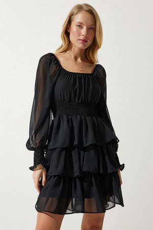 Женское черное шифоновое платье с воланами DK00168