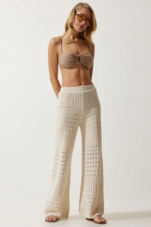Женские кремовые ажурные трикотажные брюки YU00016