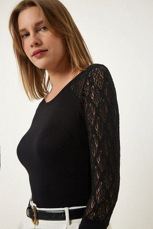 Женская черная кружевная трикотажная блузка Saran EN00603