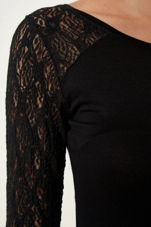 Женская черная кружевная трикотажная блузка Saran EN00603