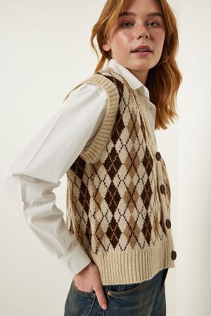 Женский бежевый свитер на пуговицах с рисунком аргайл YY00199