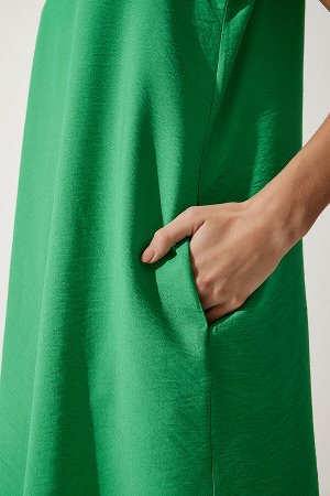 happinessistanbul Женское темно-зеленое льняное платье трапециевидного силуэта без рукавов из вискозы JH00005