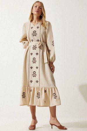 Женское длинное тканое платье из льняной ткани бежевого цвета с вышивкой RG00017