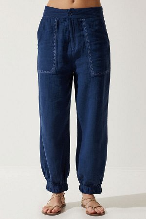 Женские муслиновые брюки темно-синего цвета с вышивкой SF00019