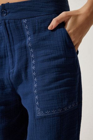 Женские муслиновые брюки темно-синего цвета с вышивкой SF00019