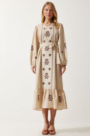 Женское длинное тканое платье из льняной ткани бежевого цвета с вышивкой RG00017