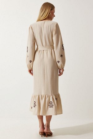 happinessistanbul Женское длинное тканое платье из льняной ткани бежевого цвета с вышивкой RG00017